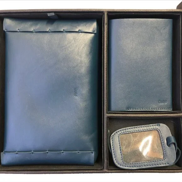 L'Atelier Lital Blue Leather Travel Toiletry Bag Luggage Tag Passport Holder 3pc - Picture 2 of 5